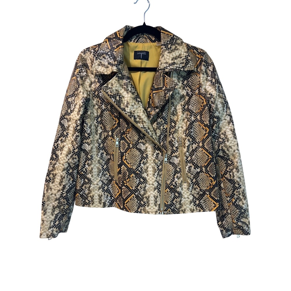Tahari Yellow Black Snake Print Faux Leather Moto Jacket Women's Size M